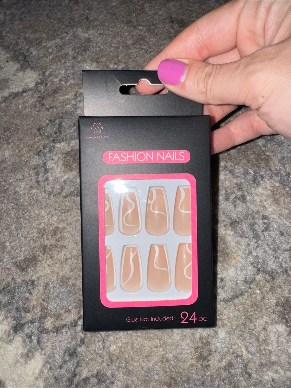 Nude Press-On Set with White Swirl Accent - 24pc